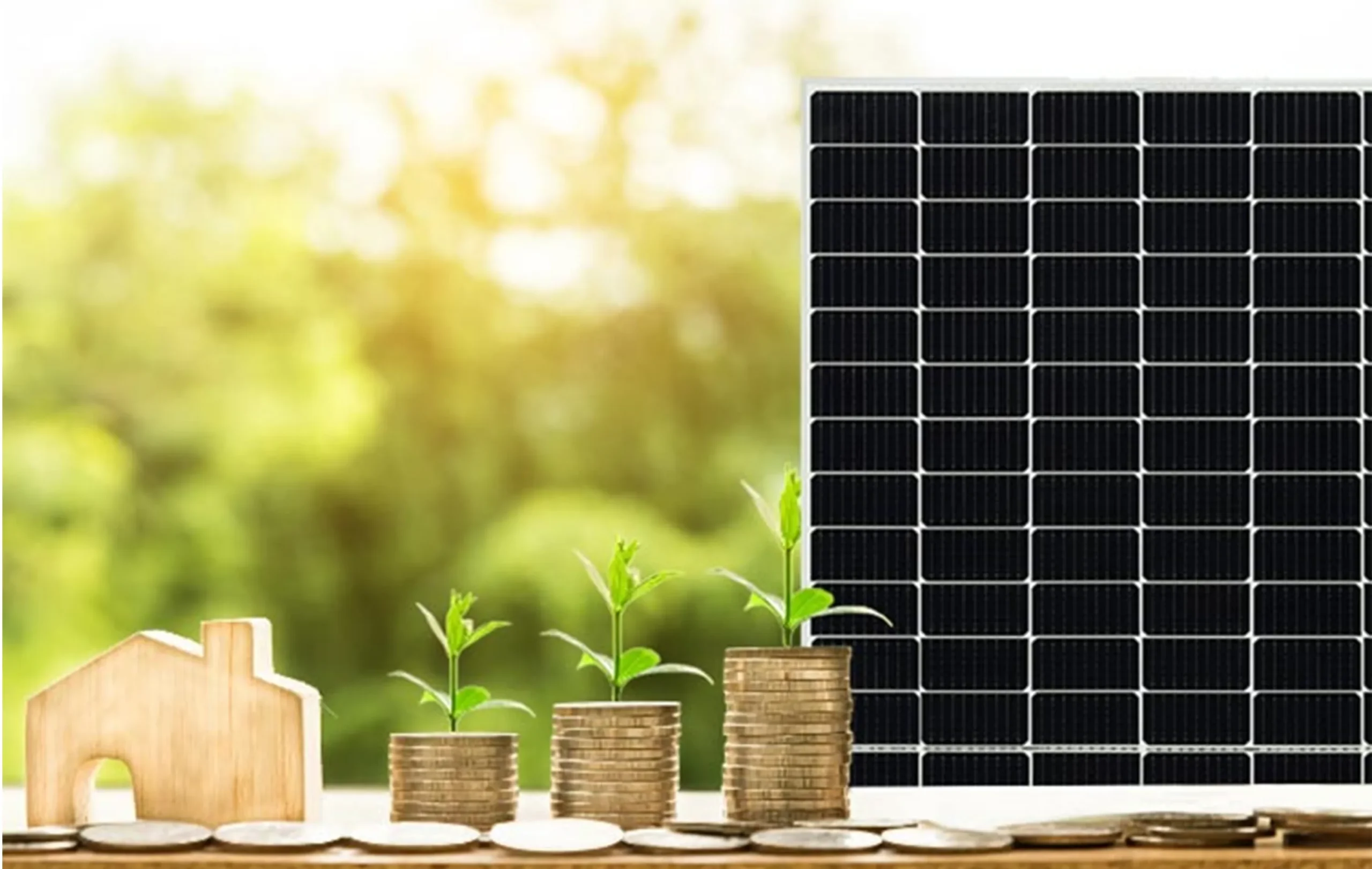 Savings coins beside a solar panel