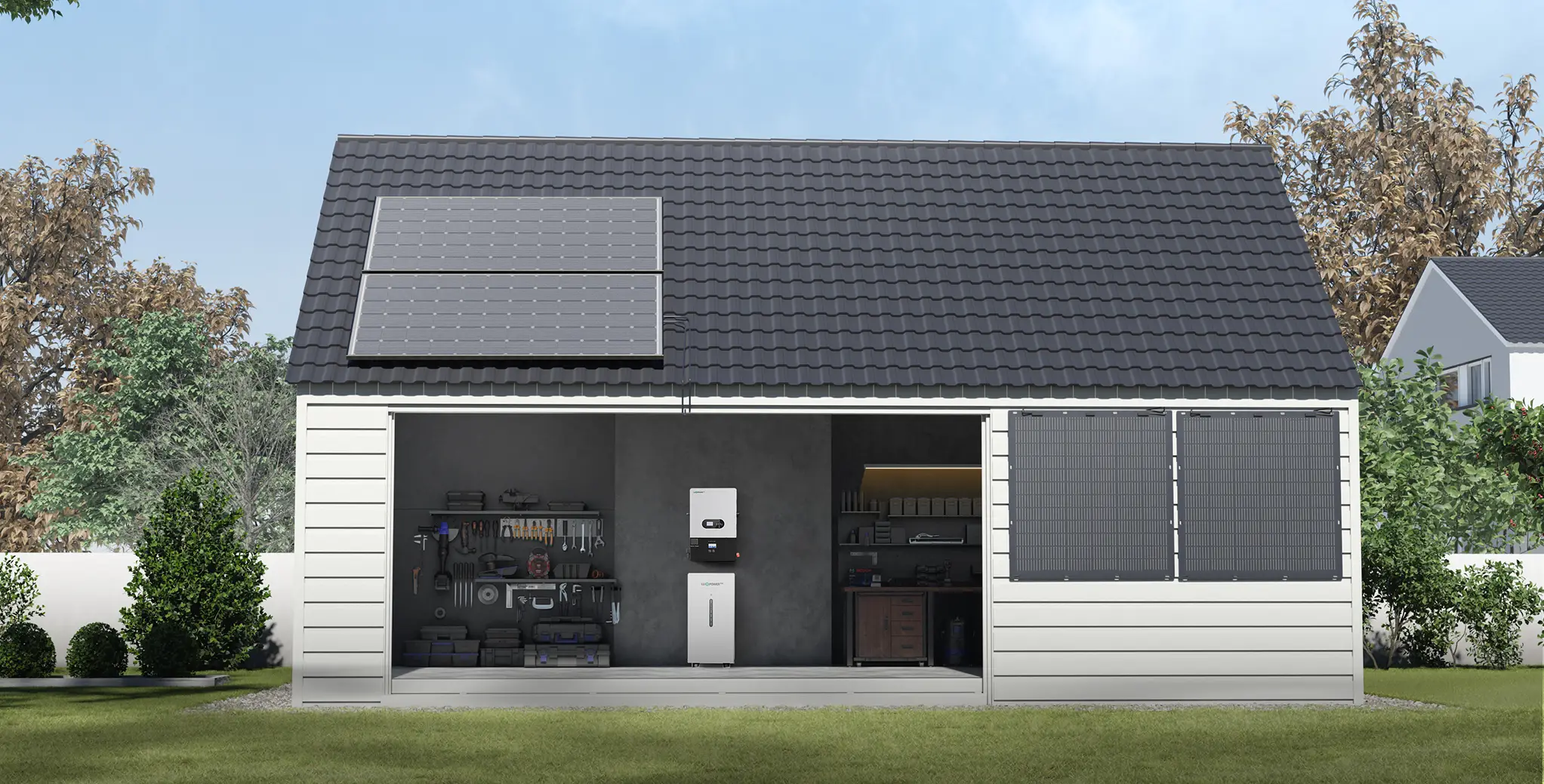 LuxpowerTek hybrid inverter and battery storage system at a modern home
