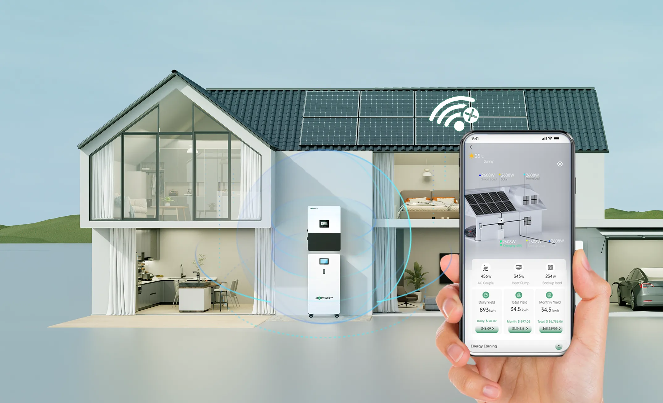 LuxpowerTek hybrid inverter and home battery storage system feature graphic