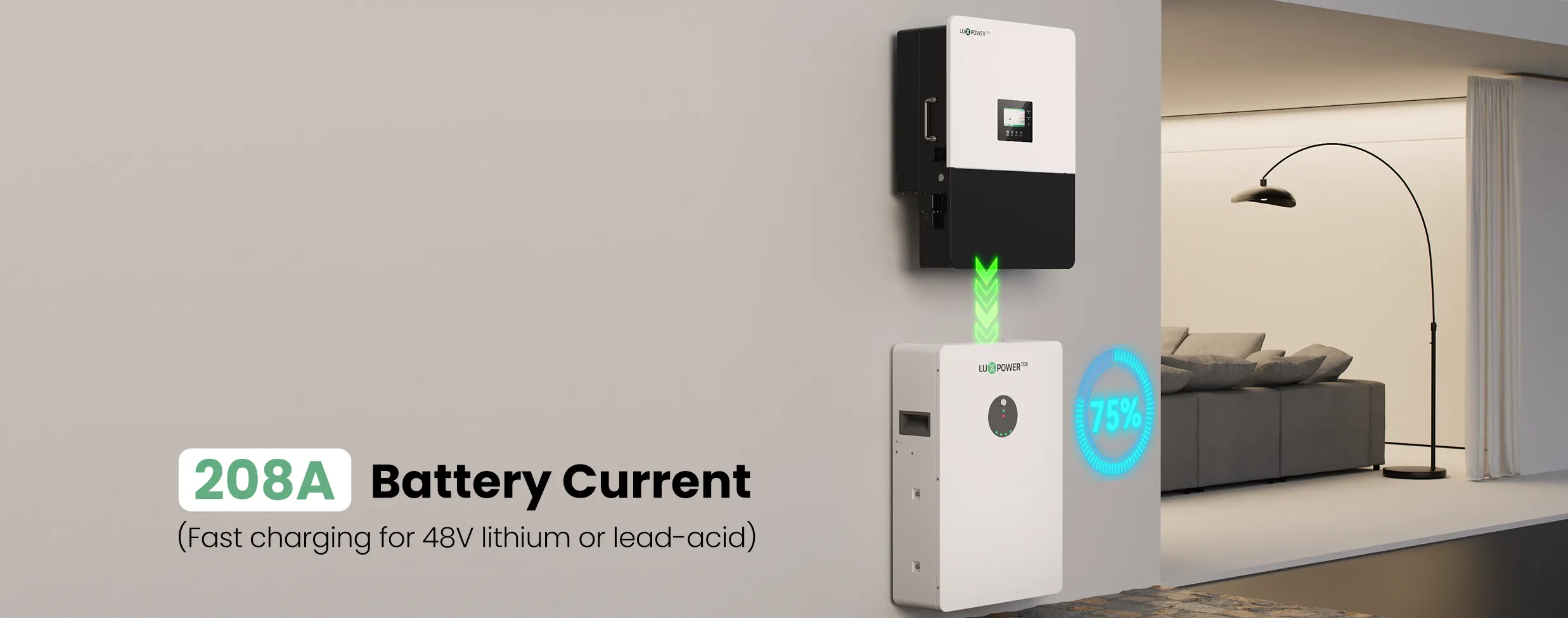 LuxpowerTek hybrid inverter and home battery storage system feature graphic