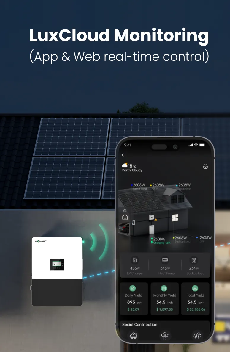 LuxpowerTek hybrid inverter and home battery storage system feature graphic