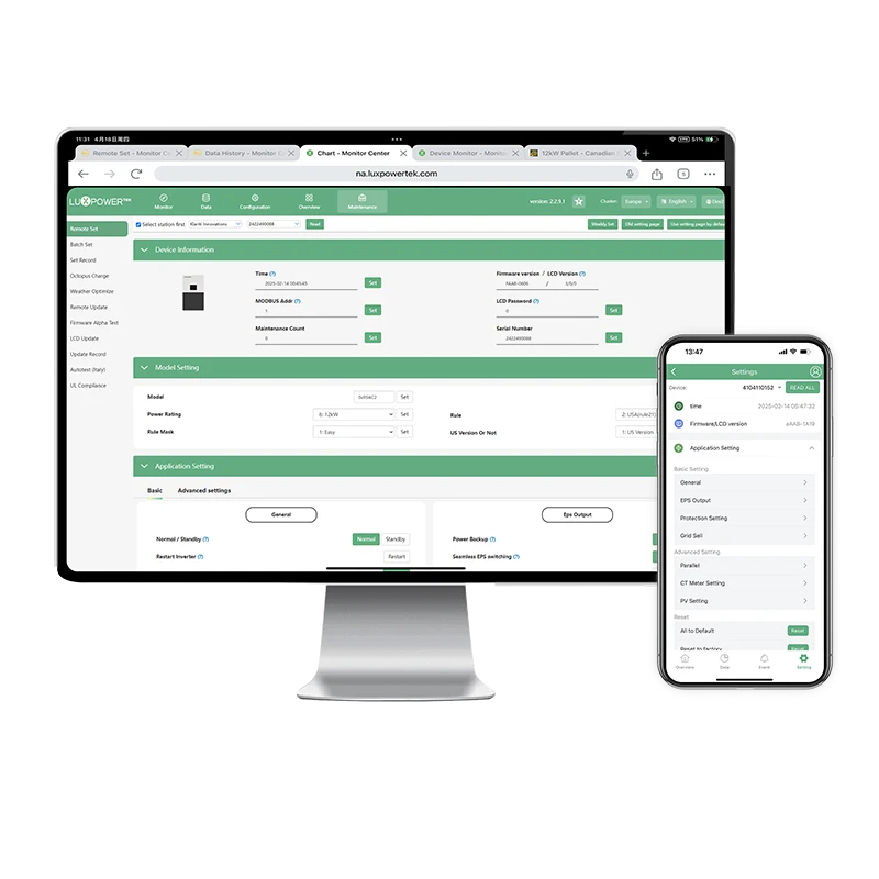 Tableau de bord de surveillance solaire LuxpowerTek AP sur ordinateur et smartphone