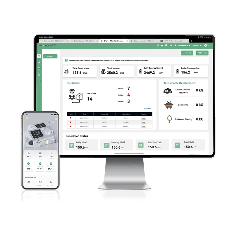 Tableau de bord de l'application de surveillance solaire LuxpowerTek sur ordinateur et appareils mobiles