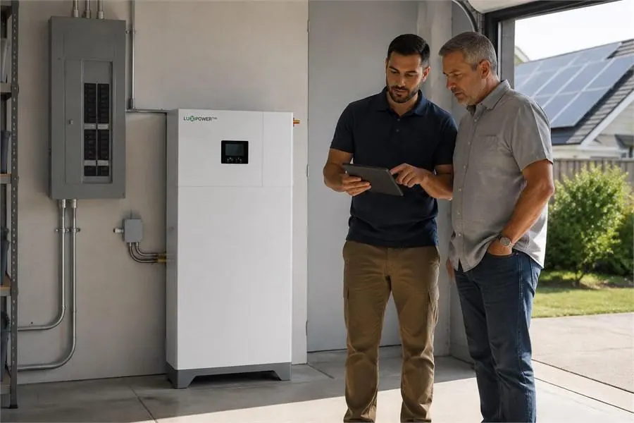 Installer reviewing a LuxpowerTek residential energy storage inverter with a homeowner
