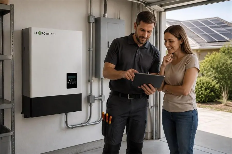 LuxpowerTek home energy storage system installed in a residential garage with an installer and homeowner