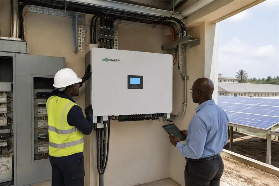 Technicians commissioning a LuxpowerTek commercial energy storage inverter beside a solar array