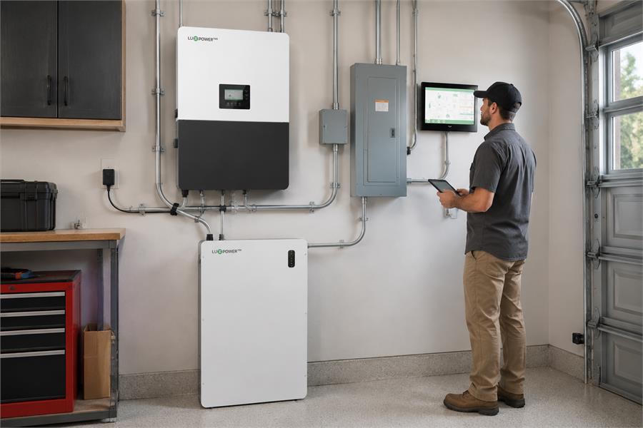 LuxpowerTek GEN-LB-US 16K hybrid inverter for whole home backup in a North American residential installation