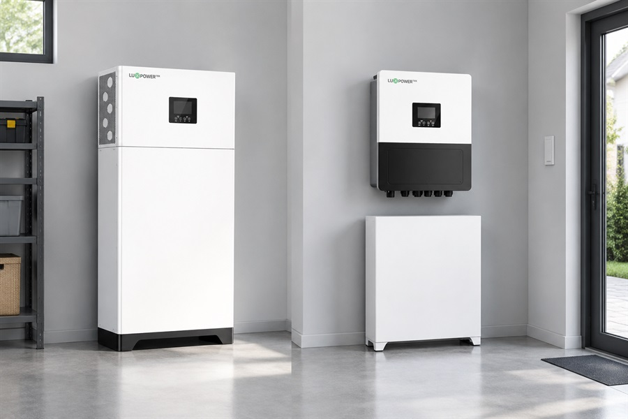 Eco Beast Pro und GEN3-LB-EU separates Batteriesystem, installiert in unterschiedlichen Tiefen in einer europäischen Garage